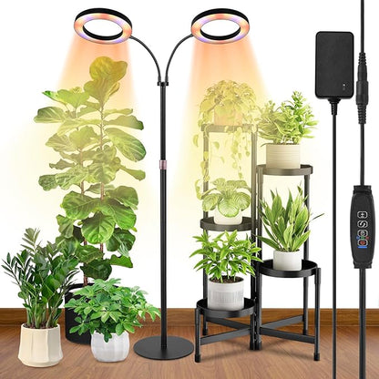 Dual-Head Grow Lights for Indoor Plants, LED Full Spectrum Floor Plant Lamp with Timer 3/9/12H, Height Adjustable 23"-67" Standing Grow Light for Large Tall Plants, 10 Brightness & Flexible Gooseneck