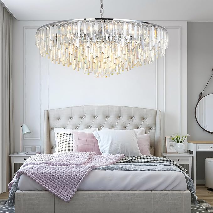 Modern Chrome Crystal Chandelier, 17 Lights 7-Tier Round Luxury Top K9 Crystal Chandeliers Large Ceiling Pendant Light Fixture for Dining Room Living Room Bedroom Foyer