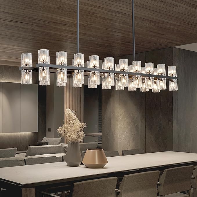 Black Rectangular Crystal Chandelier for Dining Room, 53 in Light Fixture Chandelier Over Table, Modern Crystal Chandelier Pendant Light for Kitchen Island Living Room