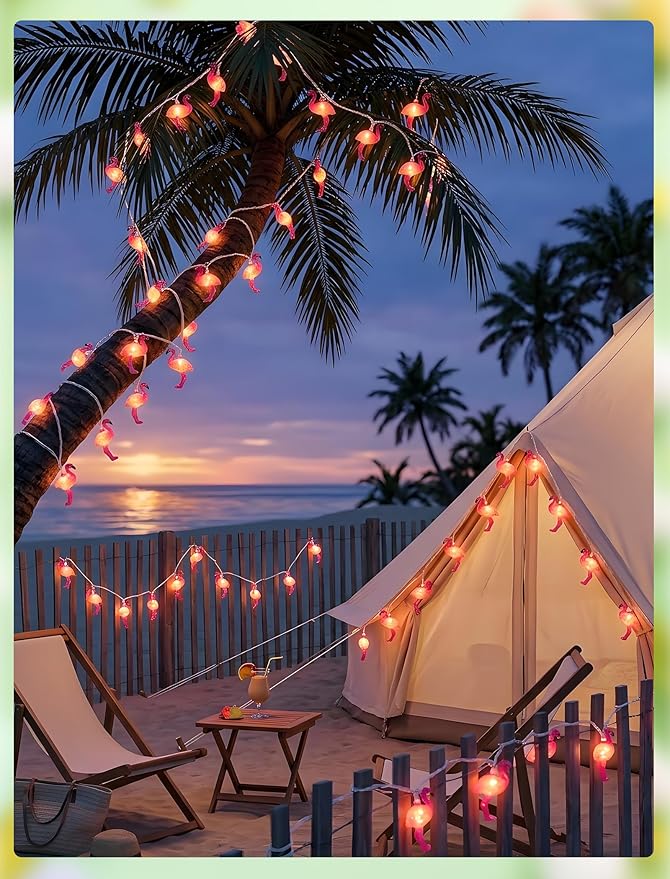 GOOTHY 8.5Ft Pink Flamingo String Lights, Summer Patio Outdoor String Lights with 10 Mini Flamingo Lights, Plug in Decorative Fairy Lights UL Listed for Bedroom Party Birthday Wedding Holiday Decor