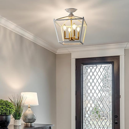 JONATHAN Y 12" White/Brass Gold Modern Farmhouse Pagoda 4-Light LED Semi Flush Mount Lantern, Metal Ceiling Light Fixture for Kitchen, Hallway, Entryway, Bedroom, Hardwired (JYL7610F)
