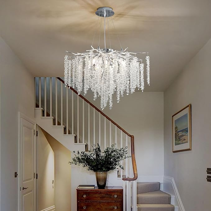 Modern Crystal Tree Branch Chandelier, D23.7'' Silver Round Raindrop Indoor Hanging Pendant Light Fixture for Dining Room Living Room Bedroom 8 Lights