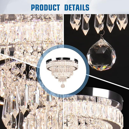 Finktonglan 15.7" Dimmable Crystal Ceiling Light with Remote, 2-Ring LED Flush Mount Chandelier, Adjustable Brightness & 3000K-6500K, Built-in LED for Bedroom Hallway Entryway Dining Room