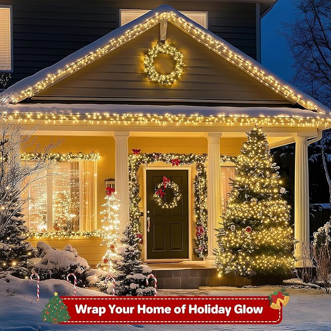 FairyGlim Christmas Lights Outdoor 100LED 33FT, Green Wire Connectable Christmas String Lights | 8 Modes Twinkle Fairy Lights Plug in with Timer, for Indoor Outside Xmas Trees Garden Party, Warm White