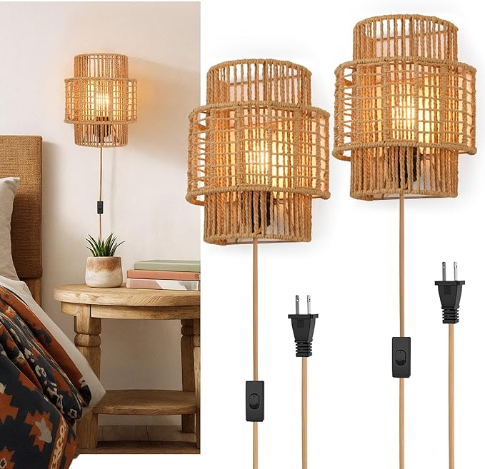 Plug-in Boho Wall Sconces Set of 2, Handwoven Rattan Wall Lights with On/Off Switch, Bohemian Light Fixtures for Bedroom, Living Room