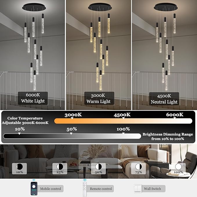 Modern High Ceiling Crystal Chandelier 9-Lights, Spiral LED Raindrop Foyer Pendant Lighting, Bubble Staircase Living Room Hanging Light Fixture Flush Mount Black