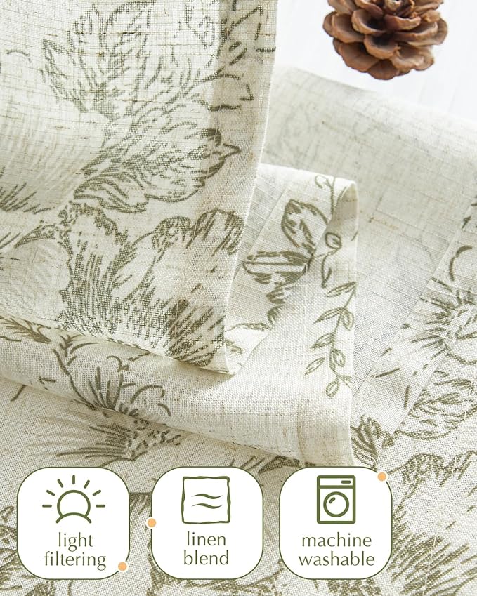 jinchan Floral Linen Tier Curtains 36 Inch Farmhouse Cafe Curtains Tie Top Botanic Drapes for Small Windows Over Sink for Kitchen Country Rustic Laundry Room Bathroom RV 2 Panels Green on Beige