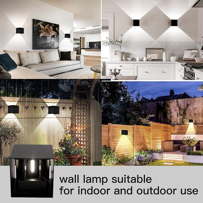 Mille Lucciole 12W 2Pack Outdoor Wall Lights Exterior/Interior,LED Black Outdoor Wall Sconces Light Fixtures Modern,IP65 Waterproof Square Aluminum Wall Lamps, Up and Down Lights 6500K Cold Lights