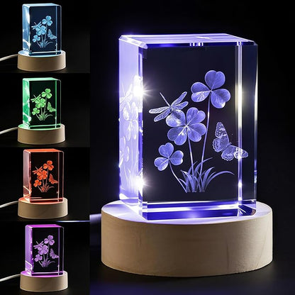 3D Four Leaf Clover Dragonfly & Butterfly Crystal, Irish Good Luck Decor, Collectible Figurines Birthday Gifts for Women, Christmas Gift with LED Base