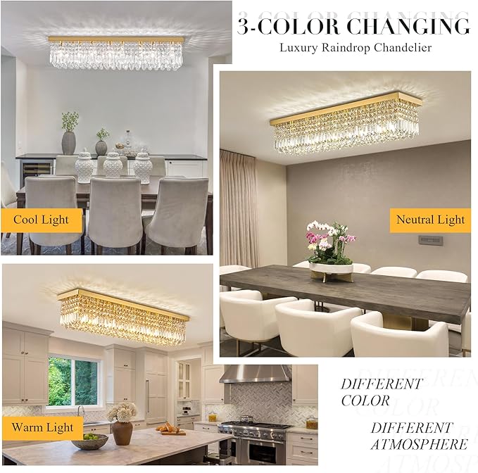 Siljoy Modern Gold Crystal Chandelier for Dining Room, 8-Light Rectangular Flush Mount Crystal Raindrop Chandelier, Luxury Dimmable Crystal Ceiling Light for Living Room Hallway Bedroom L40''