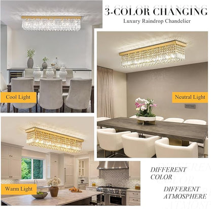 Siljoy Modern Gold Crystal Chandelier for Dining Room, 8-Light Rectangular Flush Mount Crystal Raindrop Chandelier, Luxury Dimmable Crystal Ceiling Light for Living Room Hallway Bedroom L40''
