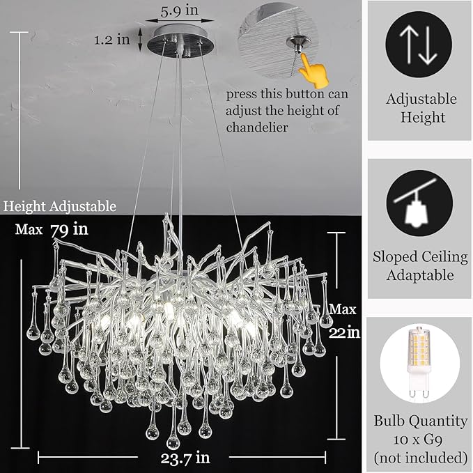 Modern Crystal Raindrop Chandelier, Silver Round Art Deco Tree Branch Lighting Fixture for Dining Room Living Room Foyer 8 Lights D23.7''