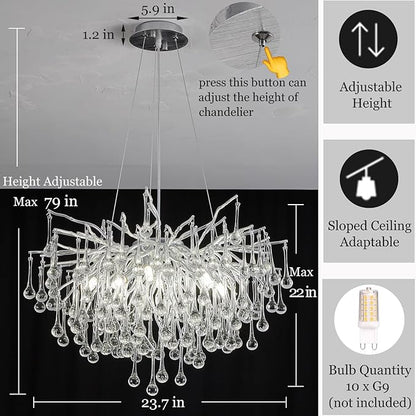 Modern Crystal Raindrop Chandelier, Silver Round Art Deco Tree Branch Lighting Fixture for Dining Room Living Room Foyer 8 Lights D23.7''