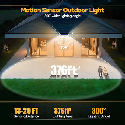 TECKNET 416 LED Solar Powered Outdoor Lights, 300° Angle & 3 Lighting Modes Motion Sensor Light Outdoor, Security Solar Lights Waterproof - 2 Pack, White Color & Warm Light