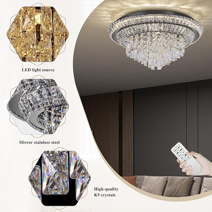 24 inch Crystal Black Ceiling-Light Flush Mount with Remote and APP Control, 3CCT Dimmable & Brightness Adjustable, Modern Crystal Raindrop Chandeliers for Bedroom Hallway Dinning Room Living Room