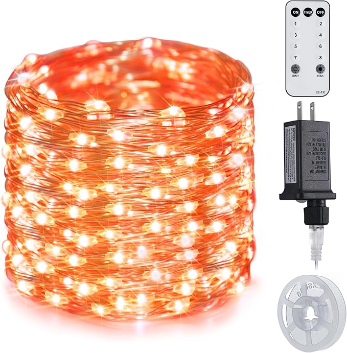 JMEXSUSS 200 LED Orange Fairy Lights Plug in, 8 Modes Halloween Lights Indoor Outdoor with Wheel, 66 ft Remote Control Thanksgiving Light for Halloween Thanksgiving Christmas Party Gift Decor