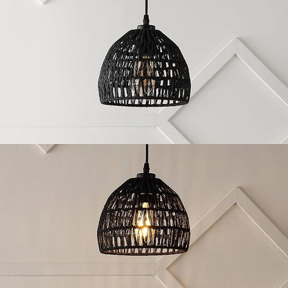 JONATHAN Y 8.25" Black Modern Bohemian Woven Rope LED Pendant Light Fixture, Adjustable Dome Ceiling Lamp for Kitchen Island, Rope Shade, Coastal Farmhouse Decor (JYL6512B)
