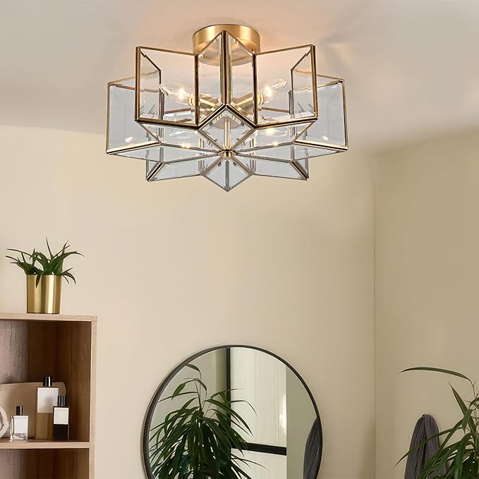 Milaii Star Semi Flush Mount Ceiling Light Fixture 16.3in Copper Brass Close to Ceiling Light Clear Glass 4-Light Hallway Lights for Kitchen Bedroom Foyer