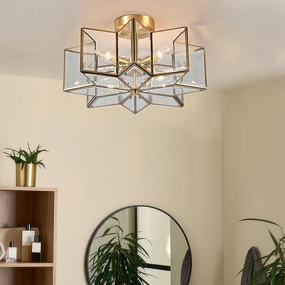 Milaii Star Semi Flush Mount Ceiling Light Fixture 16.3in Copper Brass Close to Ceiling Light Clear Glass 4-Light Hallway Lights for Kitchen Bedroom Foyer