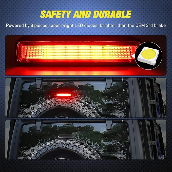 Nilight Third Brake Light Tail High Mount Stop Lights Replacement for 2018-2026 Wrangler JL Accessories LED lamp with Smoked Lens Black Housing