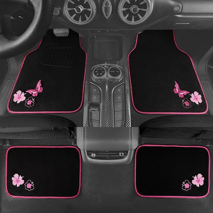 CAR PASS Embroidery Butterfly and Flower Car Floor Mats, Pink Car Floor Mats Universal Fit 95% Automotive,SUVS,Sedan,Vans,for Cute Women,Girly,Set of 4 (Black with Pink)