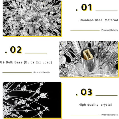 Qamra Modern Crystal Chandeliers, Chrome Firework Dandelion Sputnik Chandelier Light Fixture Pendant Lighting for Dining Room, Bedroom, Kitchen, Living Room(9-Light, Chrome)