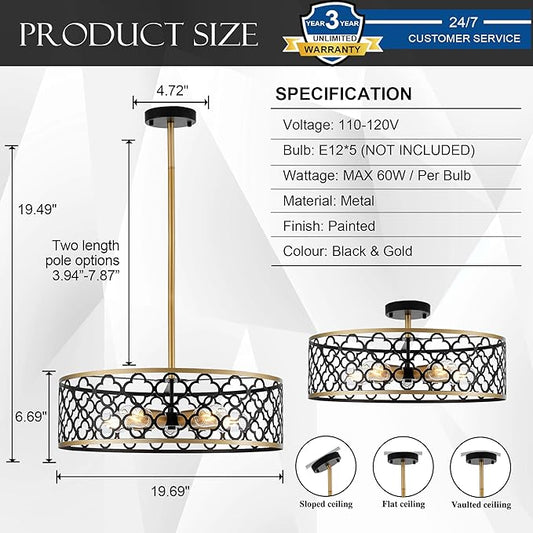 5-Light Drum Chandeliers for Dining Room,19.7" Rustic Farmhouse Dining Room Light Fixture, Black&Gold Metal Hanging Pendant Light for Living Room Bedroom Kitchen Entryway Foyer