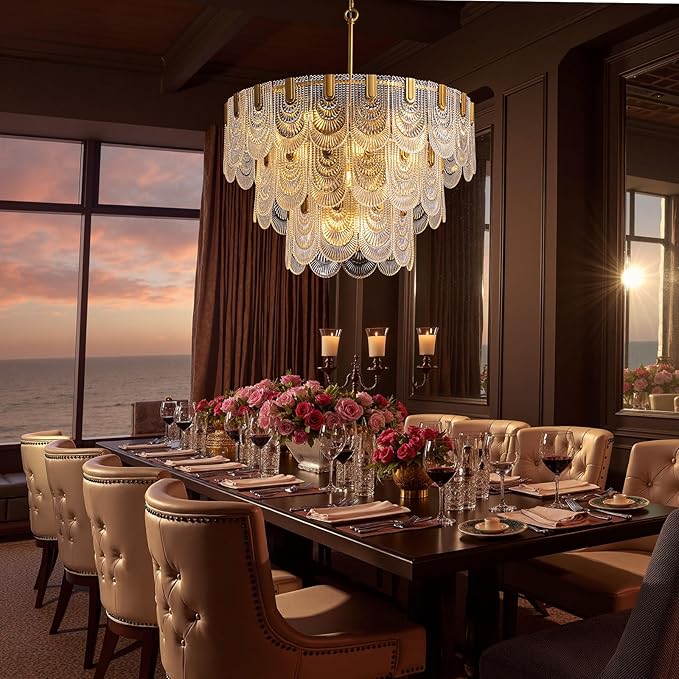 31.5-inch Glass Chandelier,Gold Glass Kitchen Island Lights,16-Light Dining Room Hanging Pendant Light Fixture for Living Room, Bedroom,Foyer, Bathroom,Entryway, Brass Finish, D31.5 xH34.6