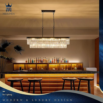 L40” Large Modern Rectangular Chandeliers 12 Lights Luxury K9 Crystal Ceiling Pendant Light Fixture Modern Black Long Chandelier for Kitchen Island Dining Room Living Room Bar