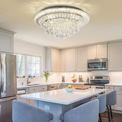24 inch Crystal Silver Ceiling-Light Flush Mount With Remote Control and APP, 3CCT Dimmable & Brightness Adjustable, Modern Crystal Raindrop Chandeliers for Bedroom Hallway Dinning Room Living Room