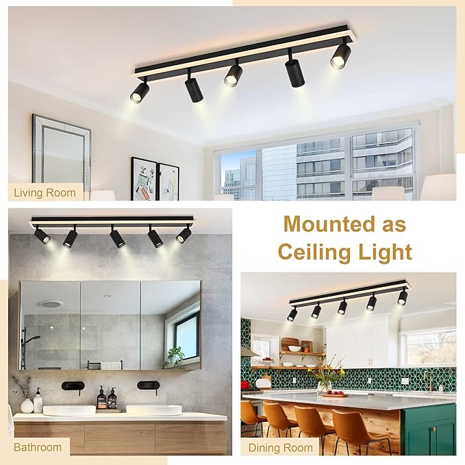 TODOLUZ 5-Light LED Track Lighting Fixtures, Black Flexible Directional Ceiling Spot Light, Wall Mounted Bathroom Lights Fixture for Over Mirror Kitchen