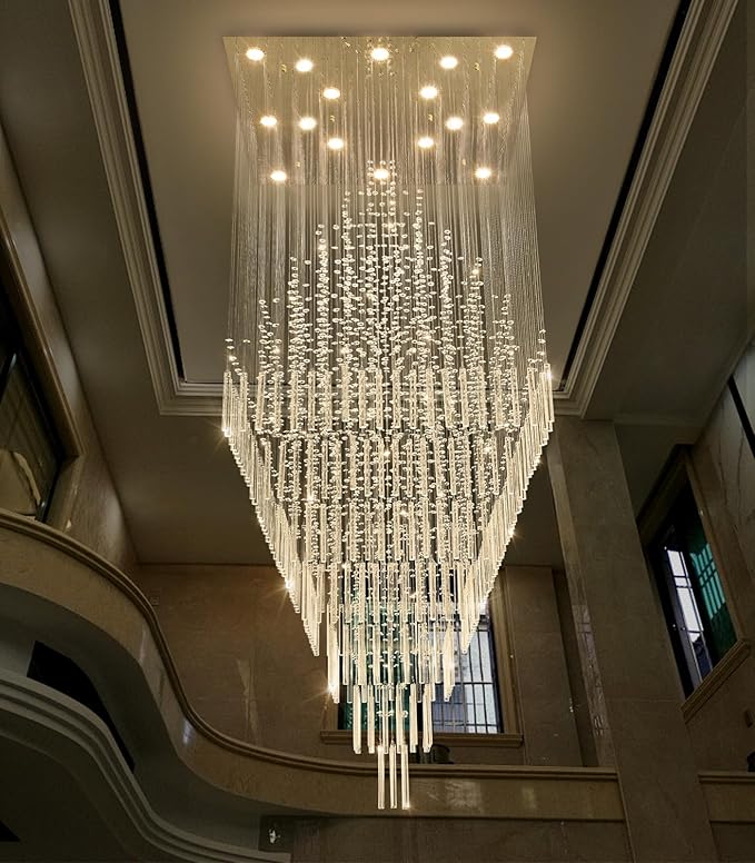 HAIXIANG W40 x H120 Glam Chandelier with LED Bulbs Square Chandeliers, Crystal Raindrop High Ceiling Pendant Light for Entrance Large Villa Foyer Lighting Fixtures Gold
