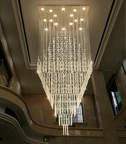 HAIXIANG W40 x H120 Glam Chandelier with LED Bulbs Square Chandeliers, Crystal Raindrop High Ceiling Pendant Light for Entrance Large Villa Foyer Lighting Fixtures Gold