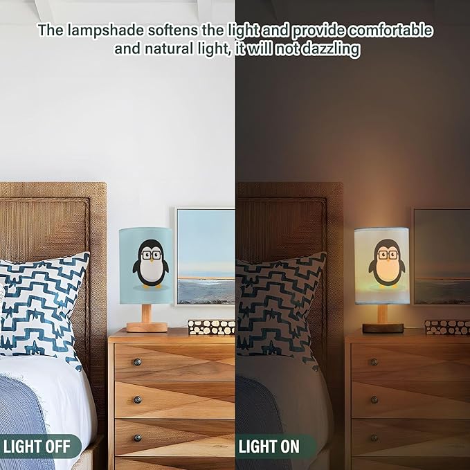 Cute Geek Penguin Table Lamp with Wood Base Fabric Lamp Shade Bedside Nightstand Desk Lamp for Living Room Bedroom Kids Room Office