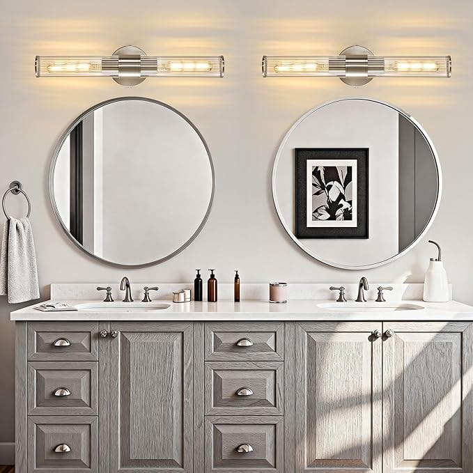 Bathroom Vanity Light Fixtures, Nickel Wall Sconces in Threaded Glass, Modern Wall Light for Bathroom Living Room Bedroom, Hallway
