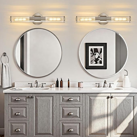 Bathroom Vanity Light Fixtures, Nickel Wall Sconces in Threaded Glass, Modern Wall Light for Bathroom Living Room Bedroom, Hallway