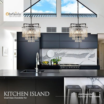 13.4" Small 4-Light Modern Glass Chandelier Light Fixtures Mini Black 2-Tier Crystal Chandeliers for Dining Room Round Hanging Ceiling Pendant Lighting for Kitchen Island Entryway Hallway
