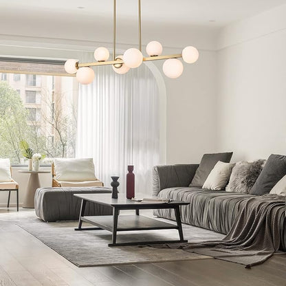 Jonsi Dining Room Light Fixture Over Table, Mid Century Chandeliers, Modern 8 Lights Globe Glass Linear Chandelier Adjustable Ceiling Hanging for Living Dining Room Kitchen Island, Gold
