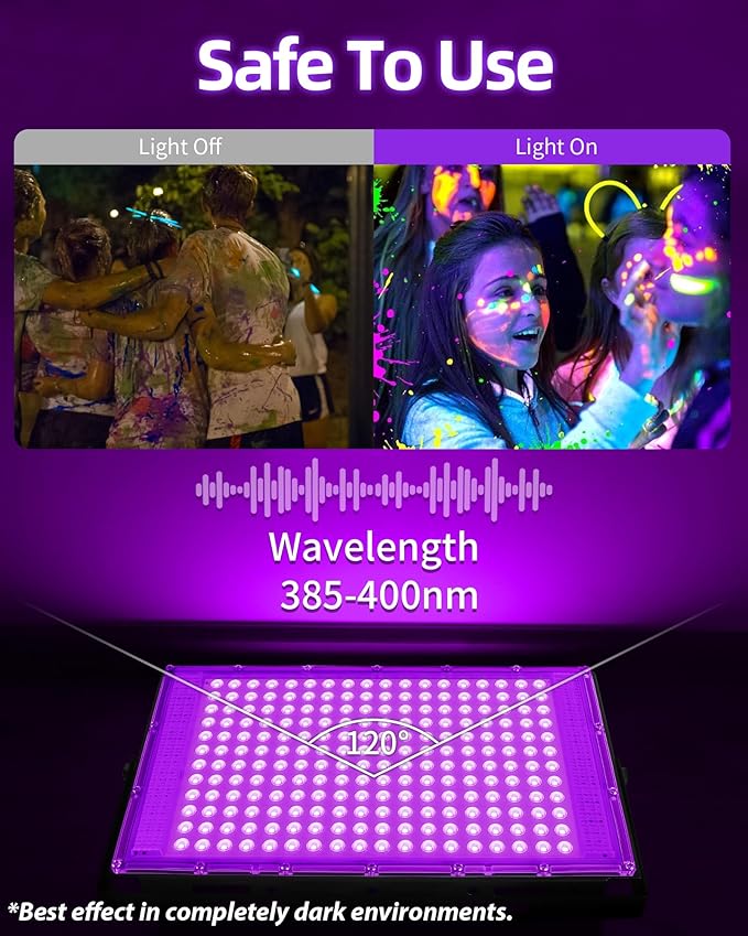 THECHAM 200W LED Black Lights IP66 Waterproof Black Light Outdoor with 10ft Plug+Switch, Flood Blacklight for Halloween Glow in The Dark Party Stage Light Neon Glow Birthday 2 Pack