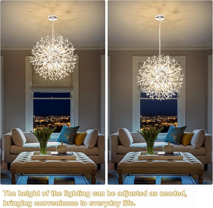 Yiisem Dandelion Crystal Chandeliers, 16-Light Chrome Modern Round Firework Pendant Lighting, Hanging Chandelier Light Fixtures for Dining Room Bedroom Living Room Kitchen Aisle Girls Room