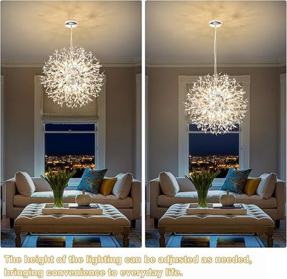 Yiisem Dandelion Crystal Chandeliers, 16-Light Chrome Modern Round Firework Pendant Lighting, Hanging Chandelier Light Fixtures for Dining Room Bedroom Living Room Kitchen Aisle Girls Room