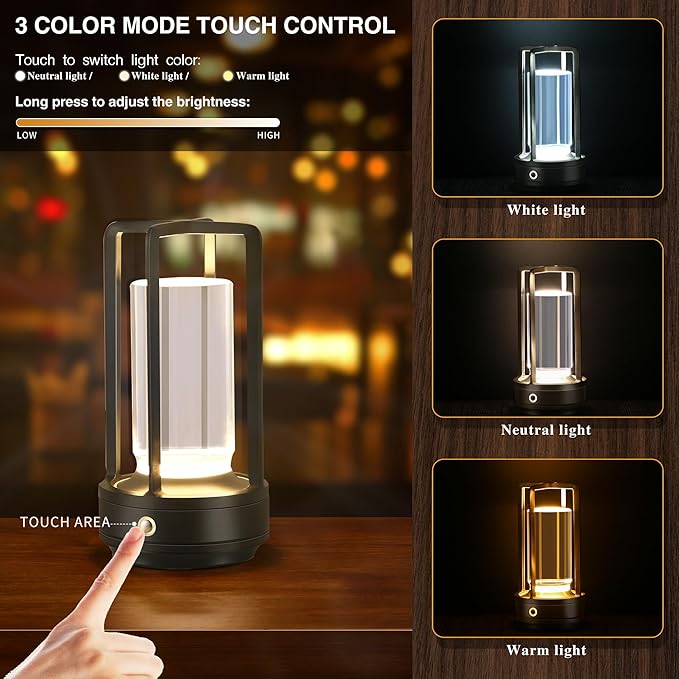 Anxingtools Portable Metal Table Lamp,Cordless Table Lamp, Rechargeable Battery Powered Portable LED Desk Lamp, 3 Color Stepless Dimming Touch, for Bedroom Restaurant Home Outdoor(Black)