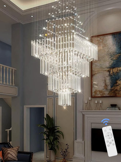 Flashing God D32''X H110'' High Ceiling Chandelier Crystal Raindrop Chandeliers Staircase Large Chandelier Villa Entrance Foyer Hanging Light High Ceiling Pendant Light Fixture with LED Dimmable