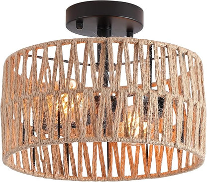 2-Light Coastal Woven Flush Mount Light Fixture Rustic Industrial Hemp Rope Semi Flush Mount Ceiling Light for Hallway Bedroom Kitchen Entryway Farmhouse, Black