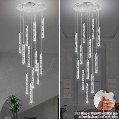 Crystal Staircase Chandelier, Modern Chrome Large Spiral Dimmable LED Cluster Raindrop Foyer Chandelier Lighting, Bubble Living Room Hanging Light Fixture 12 Light Remote Control