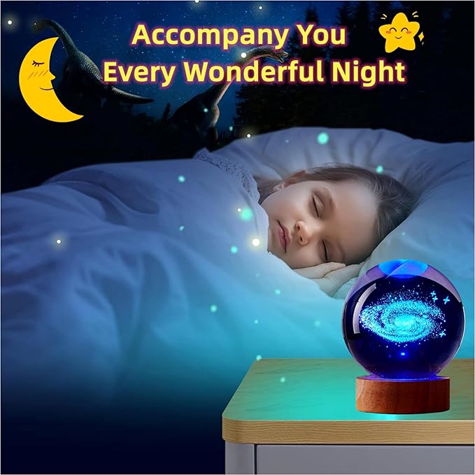 3.15 inch Galaxy Crystal Ball lamp,3D Solar System Crystal Ball Night Light with Wooden Base,16 Colors Change with Remote Control,Clear Glass Planet Light,Birthday Gift for Friends (Galaxy)