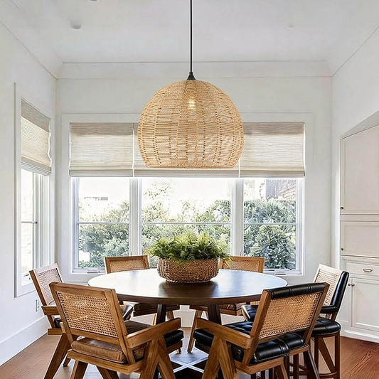 16.1 inch Hemp Rope Woven Pendant Light Wicker Pendant Light Rattan Light Fixture Boho Chandelier Farmhouse Chandelier Dome Pendants Light for Dining Room Bedroom Kitchen