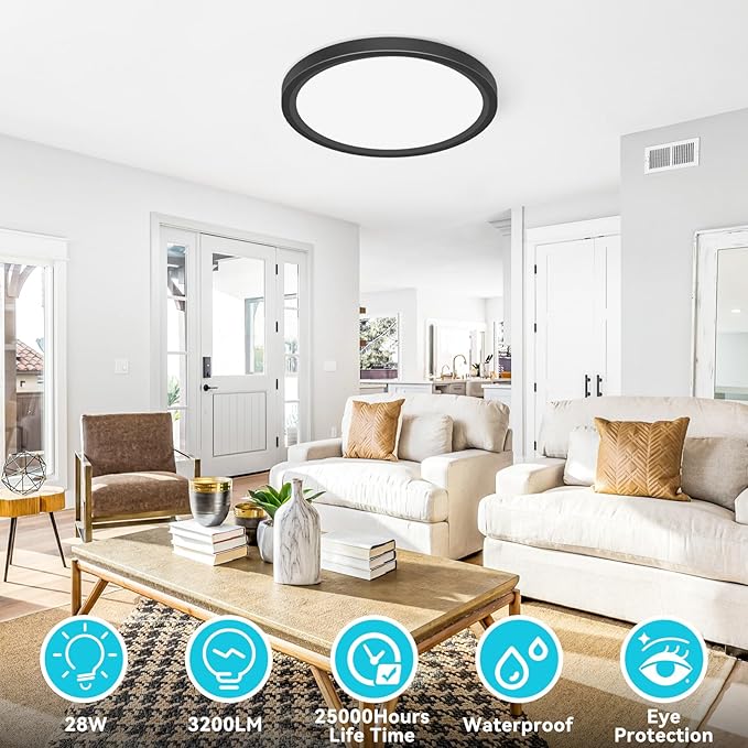 libtit 12 inch Flush Mount LED Ceiling Light Fixture, 3000K 4000K 6500K Adjustable, 28W 3200lm Black Round Lighting Fixtures for Bathroom Shower Hallway Kitchen, 4 Pack