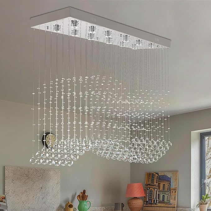 Finktonglan 47.2" Rectangular Crystal Chandelier for Kitchen Island, 10-Light Linear Island Pendant Light, GU10 Base (Bulbs Not Included), Height Adjustable Modern Dining Room Ceiling Light