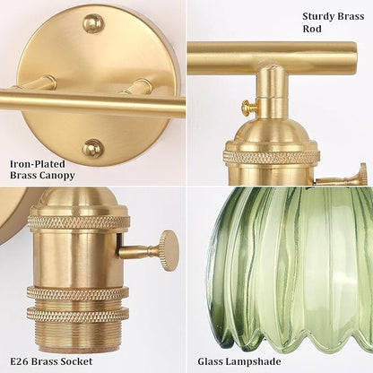 Shenmoyl Battery Operated Bathroom Light Fixtures, 2-Light Brass Vanity wall Light with 5000mAh Rechargeable Bulb Over Mirror with Green Tulip Glass Shade for Bedroom Living Room
